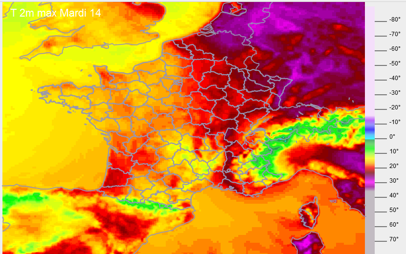 Températures maxi à 2m  prévues par le modèle #meteo ARPEGE de   samedi à mardi.

vert <10°
orange<20°
rouge > 20°
grenat >25° 
violet >28°
meteolab.fr/modele/ARPEGE/…