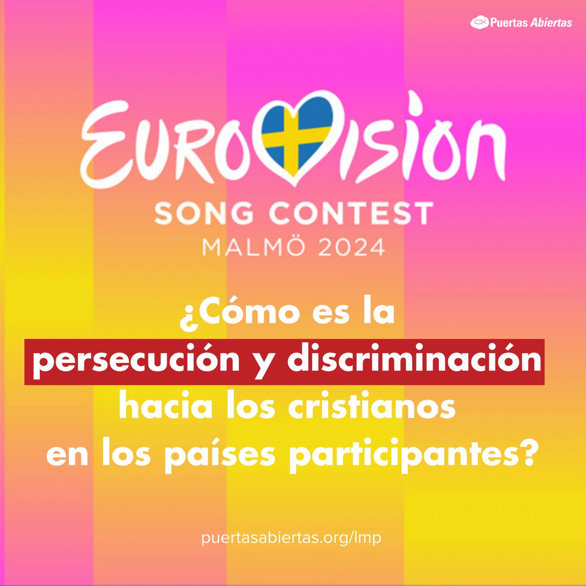 💫 Eurovisión: así es la persecución hacia los cristianos en los países participantes

❌La #ListaMundialdelaPersecucion de #PuertasAbiertas recoge datos por expertos sobre el terreno en 150 países para registrar la persecución y discriminación hacia los cristianos.

#UnoConEllos