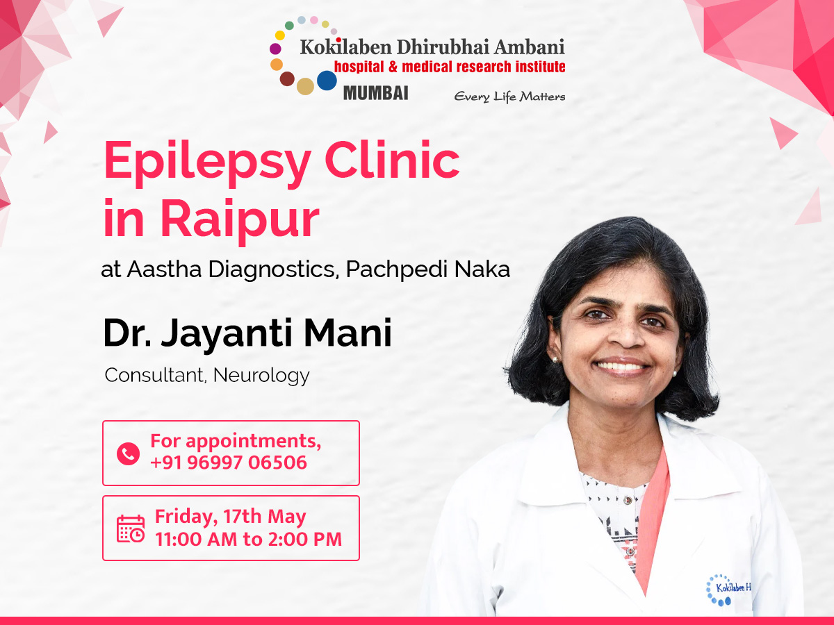 Dr. Jayanti Mani, Consultant, Neurology at @KDAHMumbai will be available for consultation at Aastha Diagnostics in #Raipur on 17th May. For appointments, call +91 96997 06506 or visit kokilabenhospital.com/landingpage/ra… #neurologist #epileptologist #epilepsytreatment