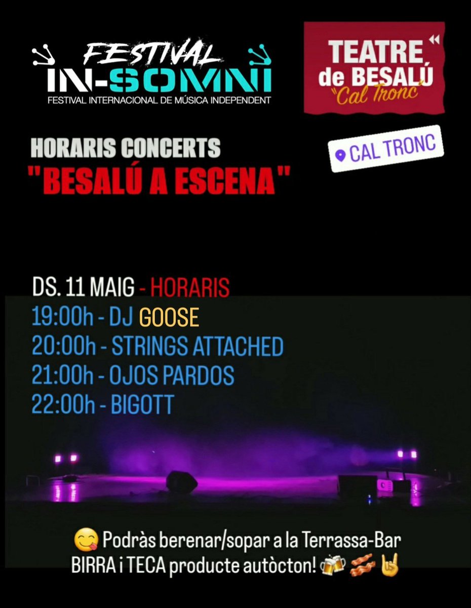 InSomniFestival's tweet photo. 😆 Vols sobreviure a #Eurovision i  les #Eleccions12M ? #indie_rock EN VENA! ⚡💉🎸💣 Avui a #besalú "tardeo/nit" amb @bigottmusic #OjosPardos  #StringsAttached i #Goose_Dj_Selector_ 💃🕺🏻🎶 @holaunderground @_OriolS @UncluGarrot @maximclatellot @raquelsurroca @lluisguino @BesaluC https://t.co/iuWwRE8TWC