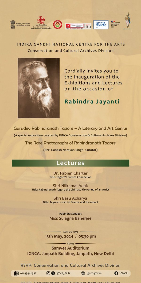 Experience the rich legacy of Gurudev Rabindranath Tagore at IGNCA's special exhibition 🪧 and lectures on Rabindra Jayanti.
Explore rare photographs capturing 📷 Tagore's life and artistic journey curated by IGNCA's Conservation & Cultural Archives Division. Delve into Tagore's…