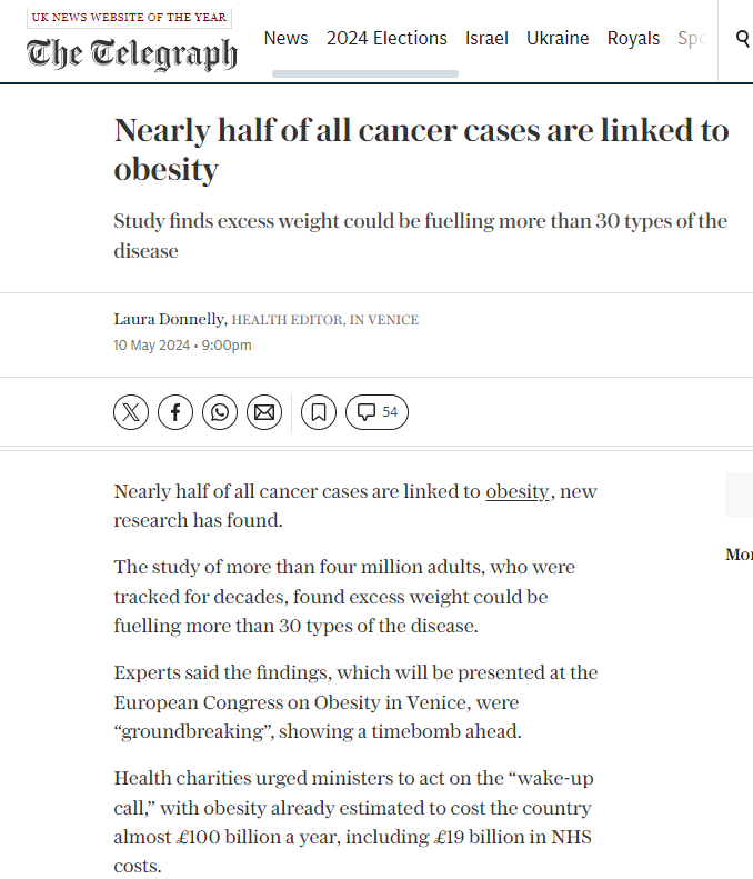 If you needed another reason to lose body fat, here's one:

Nearly half of all cancer cases are linked to obesity.