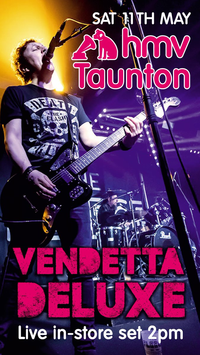 Today from 2pm Live and Local returns with music in-store from @vendettadeluxe1!

#hmv #hmvLiveandLocal #LiveMusic #LiveandLocal #Taunton #FreeEntry