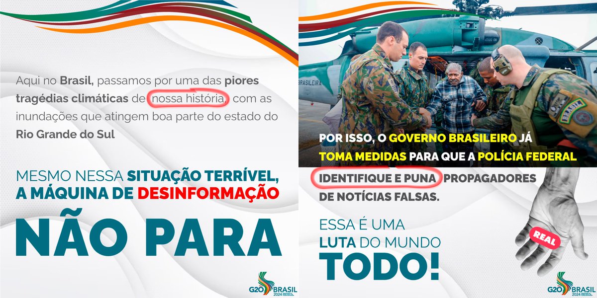 ❌Desinformação e mudanças climáticas não podem andar juntas!❌ Espalhar desinformação pode matar e atrapalhar resgates em momentos de grande tragédia, como o que acontece no Brasil e em muitas partes do mundo. É fundamental combatermos juntos essa prática 🤝 #G20Brasil #G20