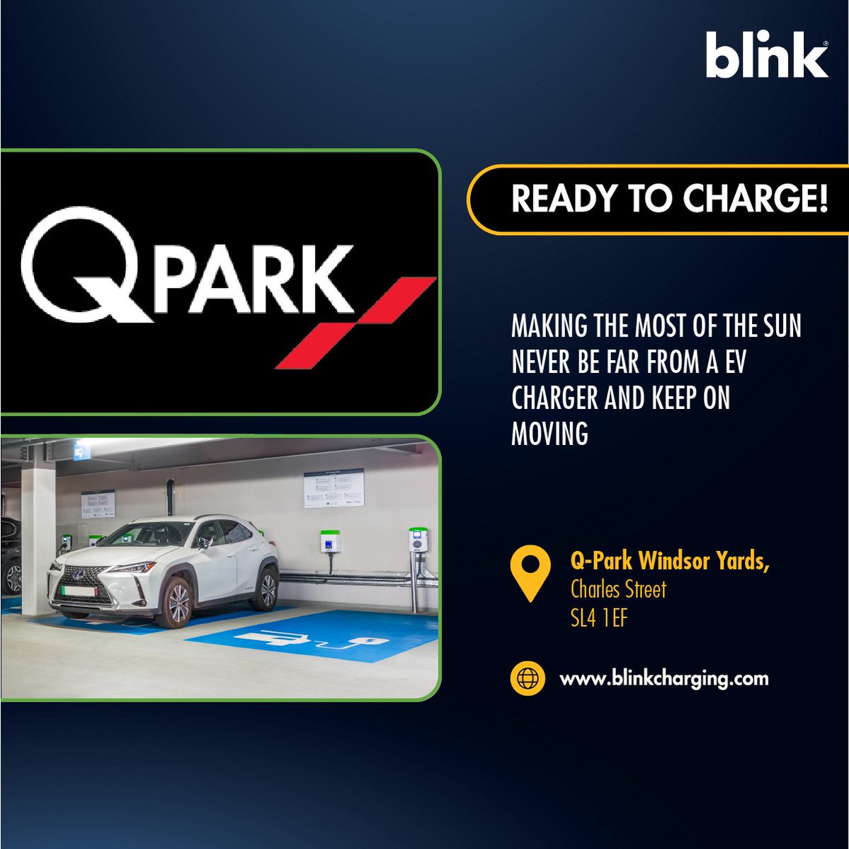 Out on the move this weekend, don't worry about being far from a top-up charger, download the Blink Charging App and find many locations around the UK like @Q-Park Windsor Yards and become range confident. #KeepMoving #OnTheGoCharging #Chargingdestinations