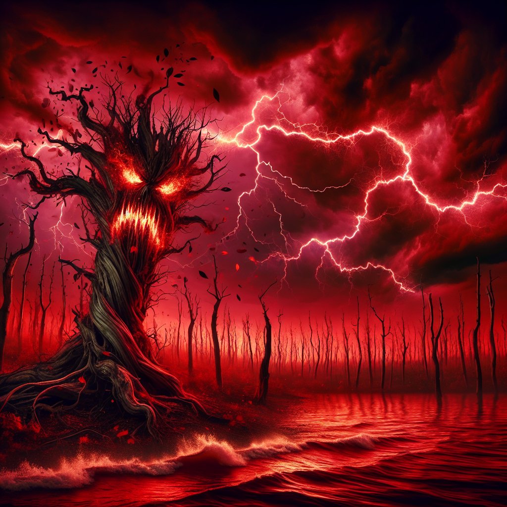 'A red stormy sky shaded with dark, brooding clouds looms above a fiery, twisted forest. A gnarled tree stands in the center; its bark seeming to form an angry face. The landscape is lit by jagged streaks of lightning, the raw ener
#AIArt #AI #chatgpt4 #dalle3 #OpenAi #AIFeelings