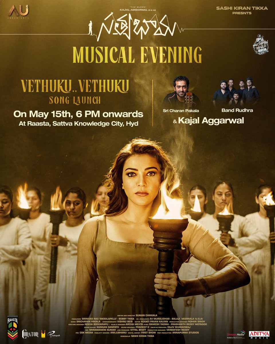 Get ready to join the anthem 💃🕺as #Satyabhama third single #VethukuVethuku is all set for a GRAND LAUNCH at #SatyabhamaMusicalEvening 🤩 Join us 🗓️ May 15th, 6 PM onwards 📍 Raasta, Sattva Knowledge City, Hyderabad 'The Queen of masses' @MSKajalAggarwal @Naveenc212…