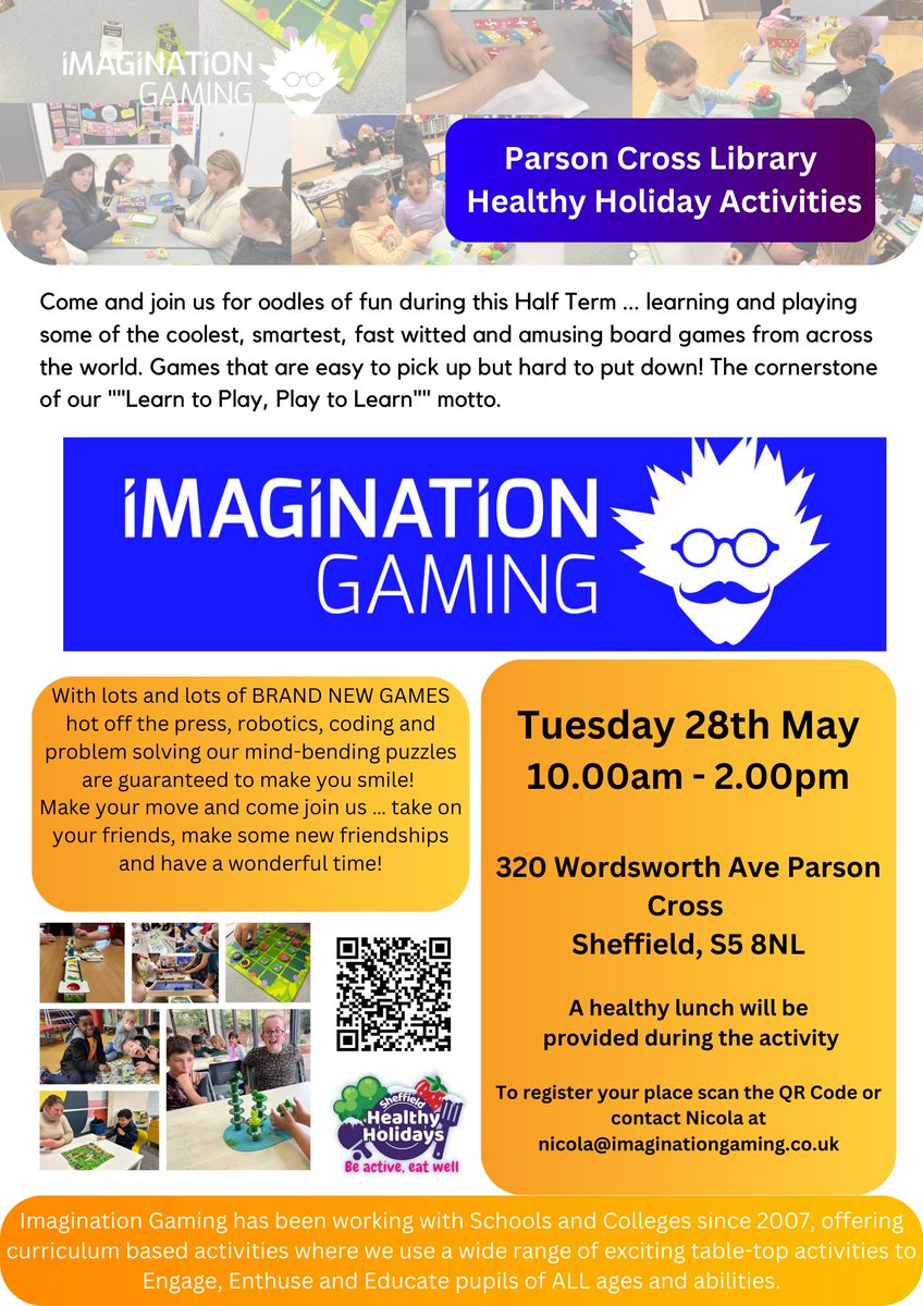 @imagigaming are all set and ready for more activities @SheffLibraries as part of the @shefhealthyhols Programme this Spring Bank We will be visiting #Parsoncrosslibrary & #Firthparklibrary with more fun and exciting activities To reserve a place simply scan th QR Code #fun
