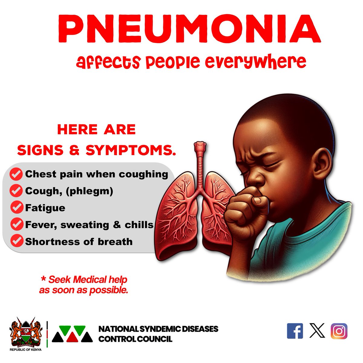 PNEUMONIA affects people everywhere. Seek Medical help as soon as possible.
#Pneumonia
#adheretoart
#EndAIDSby2030
