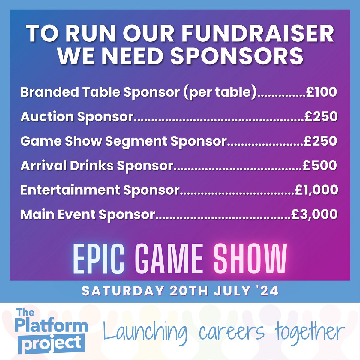 To run our fundraiser in July, we need your help to find sponsors!! 😃 
Will you sponsor a night of fun and fundraising? 🤩 
Find out more about what we do and how you could help by visiting platformproject.co.uk/events 

#swindon #nonprofit #fundraiser #fundraising #swindonevents