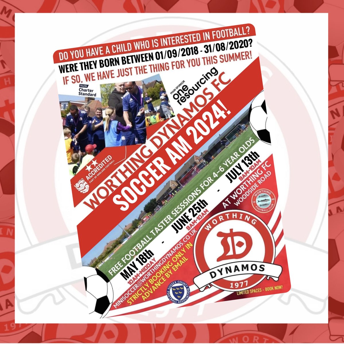 📣 ONE WEEK TO GO! 📣

Until the first of our three Soccer AM football taster sessions for 4-6 year olds! Don't miss it! 

Email us today to book your place 👉 minisoccer@worthingdynamos.co.uk