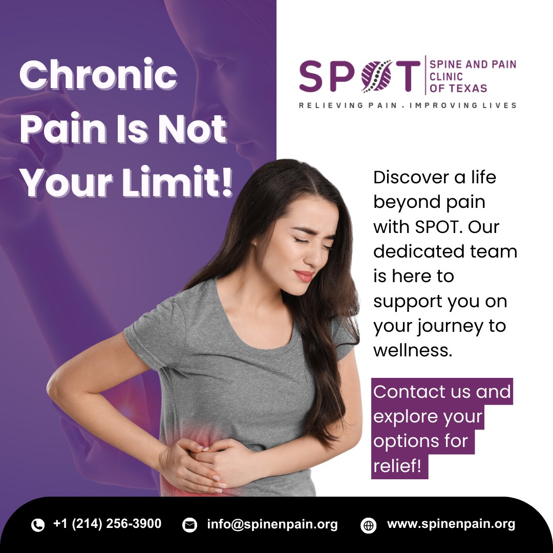 Don't let chronic pain define your story! 🌟 With SPOT by your side, embrace a life beyond limits. 
Book Appointment:
🌐 rfr.bz/tldpy3x
📞 +1 (214) 256-3900
.
#chronicillness #chroniclife #spoonieproblems #migraine #shoulderpain #lowbackpain #chronicillnessawareness