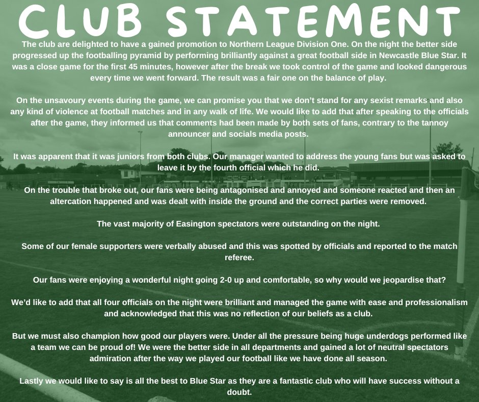 CLUB STATEMENT: Easington Colliery AFC have today published a club statement following Wednesday's game at Newcastle Blue Star.