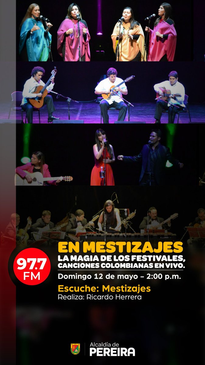 Este domingo de "madres", buena música de la tierra con grabaciones en vivo y la magia de los festivales y concursos de música colombiana.   Sintoniza a las 2:00pm por la Emisora Cultural de Pereira 97.7FM <a href="/EmisCulturalRAC/">Emisora Cultural RAC</a>  Streaming:  emisoraculturaldepereira.com
#mestizajes