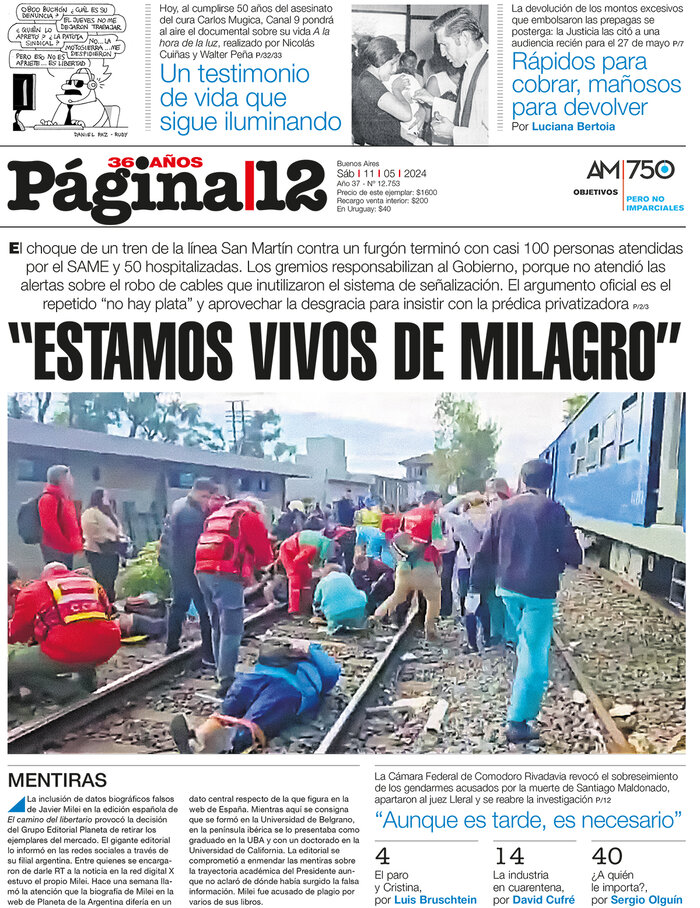 “ESTAMOS VIVOS DE MILAGRO” [bit.ly/3ynM3FP] El choque de un tren de la línea San Martín contra un furgón terminó con casi 100 personas atendidas por el SAME y 50 hospitalizadas.
