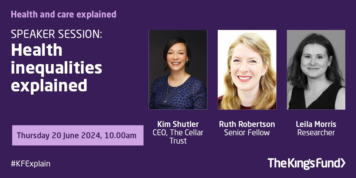 At our Health and care explained event The King's Fund's Ruth and Leila will be joined by @KimShutler to discuss health inequalities. They'll also explore the role of the #VCSE sector in helping to tackling #HealthInequalities. Book your place. #KFExplain kingsfund.org.uk/events/health-…