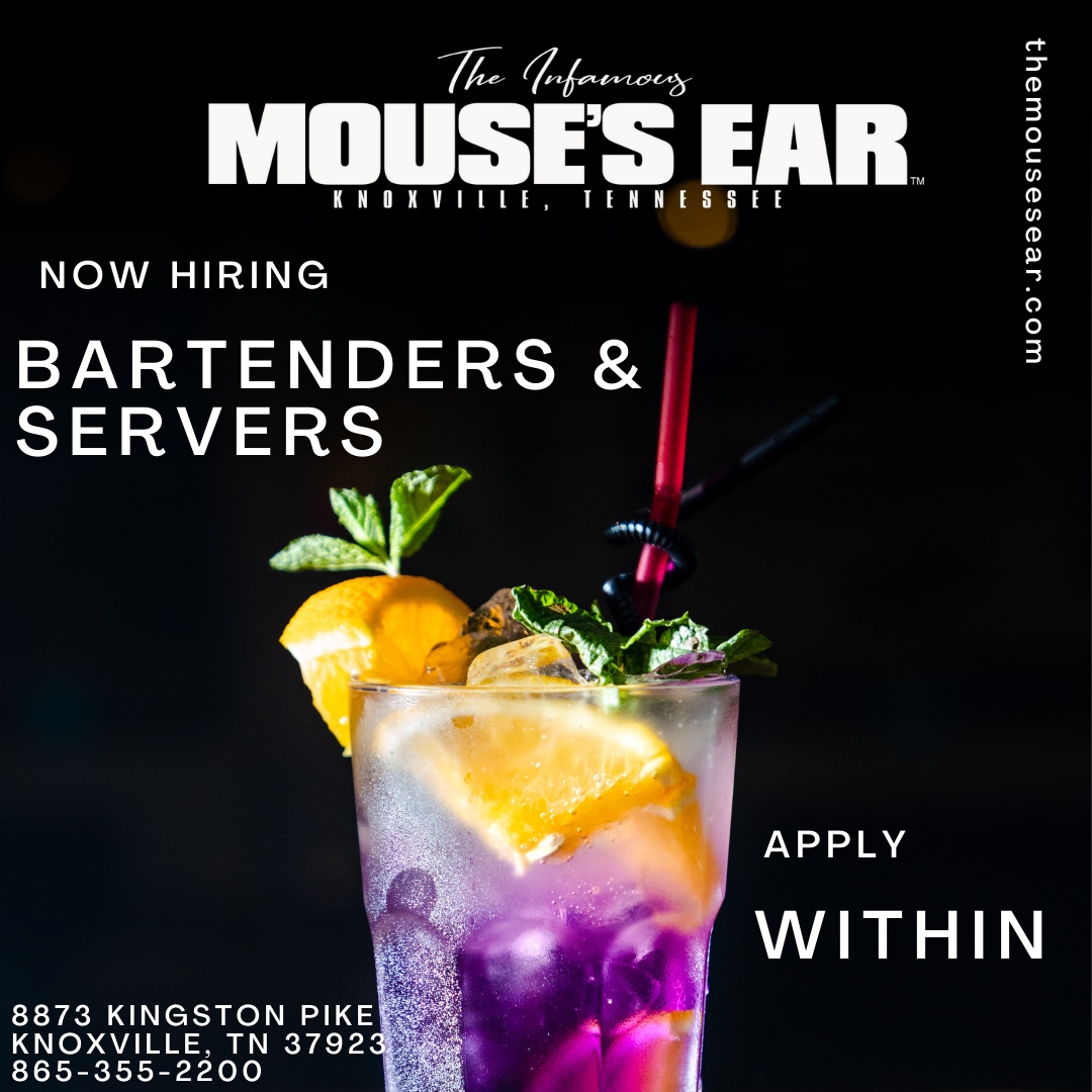 Bartenders & Servers Wanted!
Apply within or send resume to mike@ponyww.com
.
.
.
#NowHiring #JobSearch #KnoxvilleJobs #Waitress #Server #EmploymentOpportunity #KnoxvilleNightlife #MousesEar #Knoxville