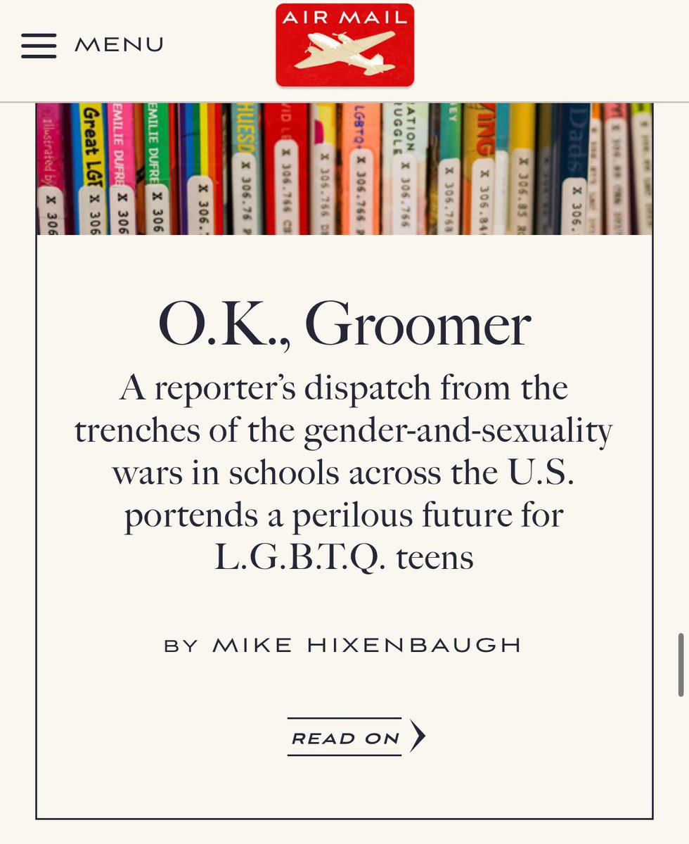 Mike Hixenbaugh is mikehixenbaugh.com on BlueSky (@mike_hixenbaugh) on Twitter photo This morning in <a href="/AirMailWeekly/">Air Mail</a>: An essay about the time some moms in Katy, Texas, threatened to report me to the police as a child sexual predator—and what it told me on the widespread attacks on LGBTQ authors, teachers and librarians. 
Read it here: airmail.news/issues/2024-5-… This morning in <a href="/AirMailWeekly/">Air Mail</a>: An essay about the time some moms in Katy, Texas, threatened to report me to the police as a child sexual predator—and what it told me on the widespread attacks on LGBTQ authors, teachers and librarians. 
Read it here: airmail.news/issues/2024-5-…