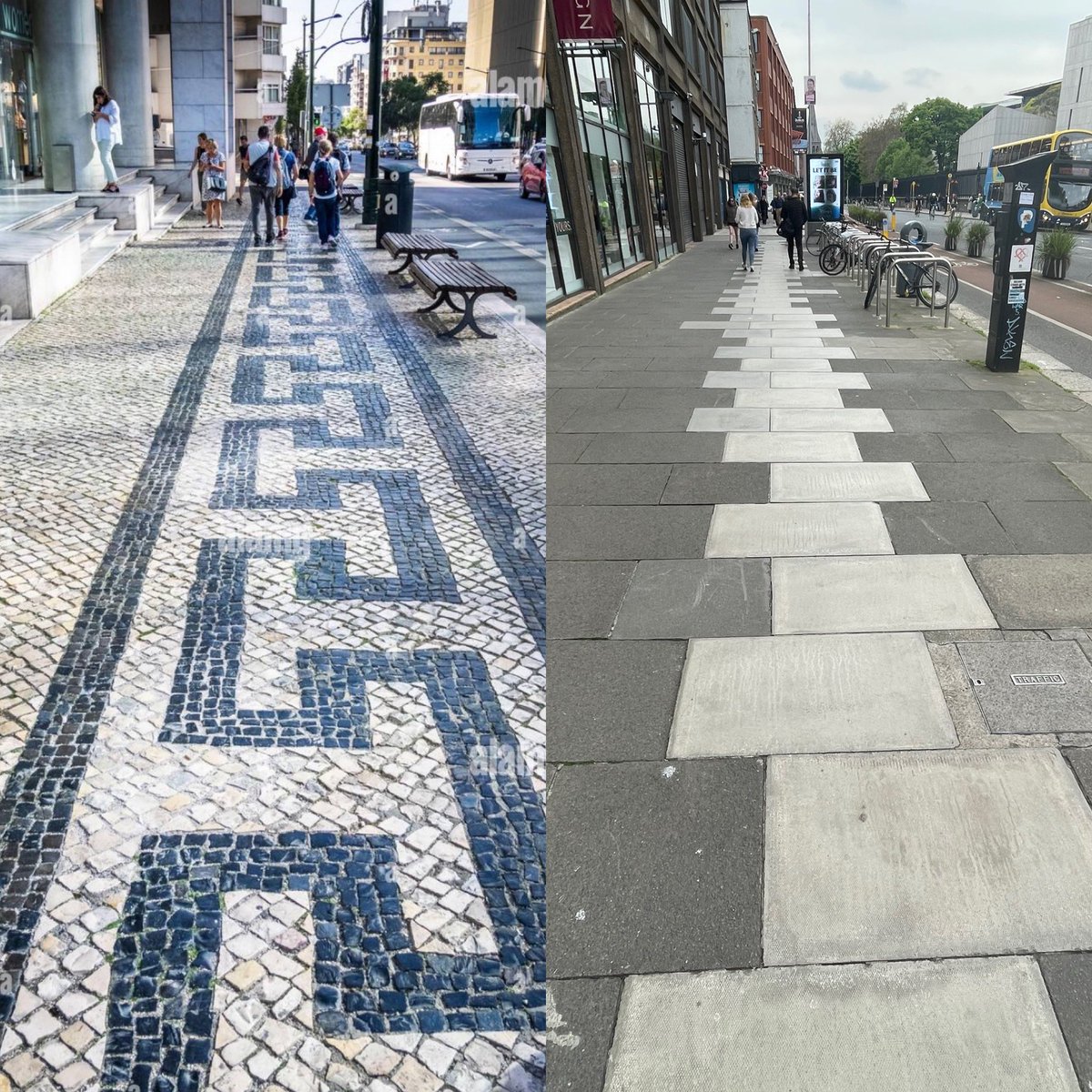 Lisbon paving versus Dublin paving. @DubCityCouncil going all out on the public realm as usual.