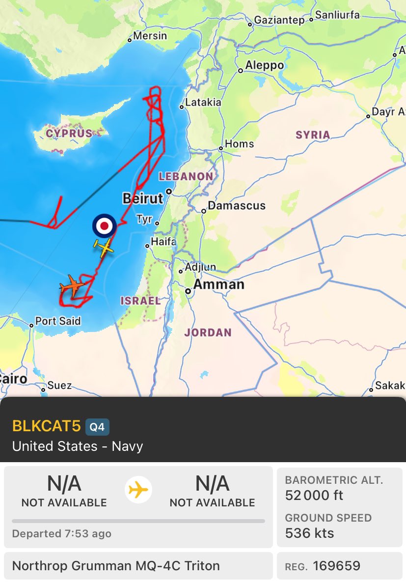 US Navy MQ-4C 'BLKCAT5' working off Gaza/Egypt coast.