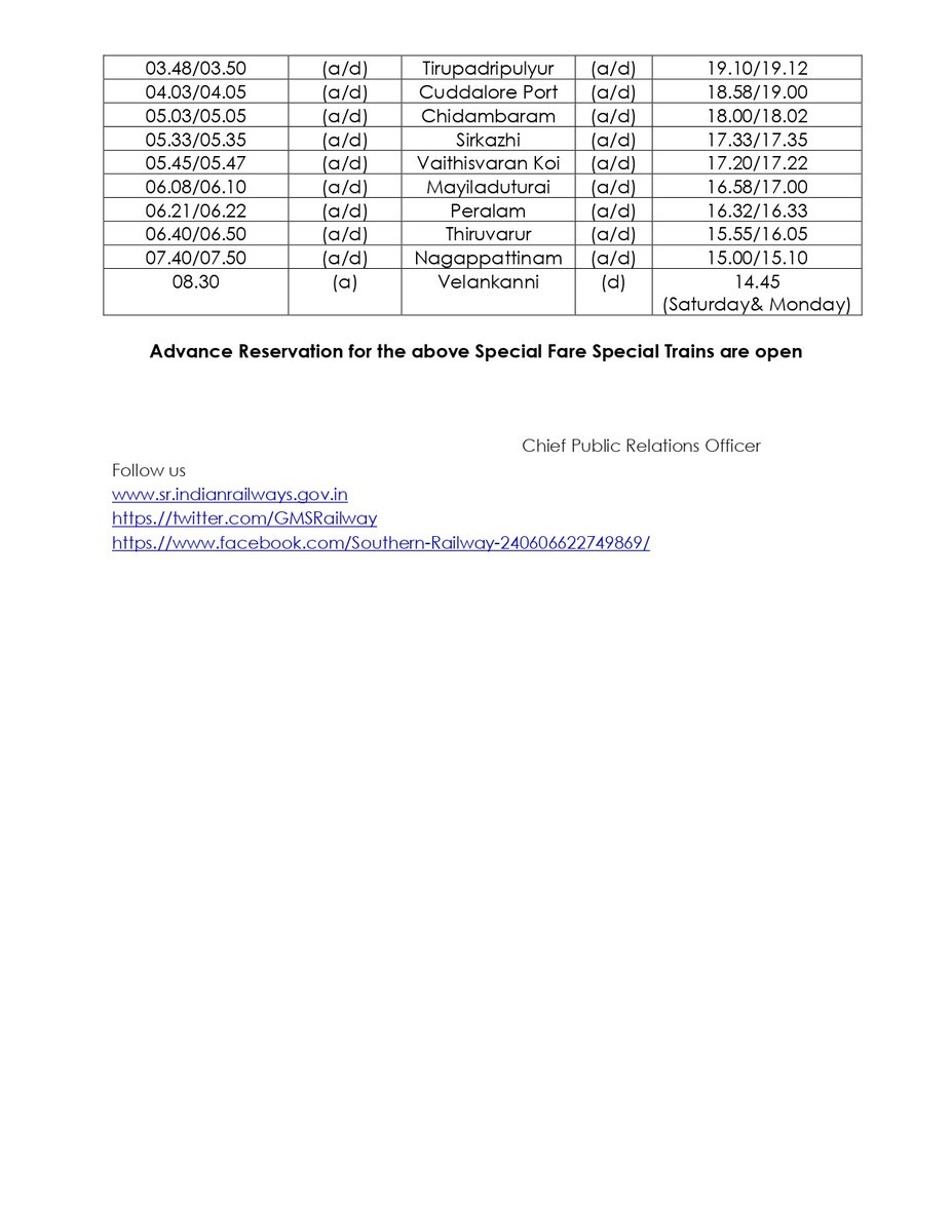 Summer Special #Trains will be operated between #Tambaram and #Kochuveli to clear extra rush during summer season Passengers are requested to take note on this and plan your #travel Advance Reservation for the above Special Fare Special Trains are open #SouthernRailway