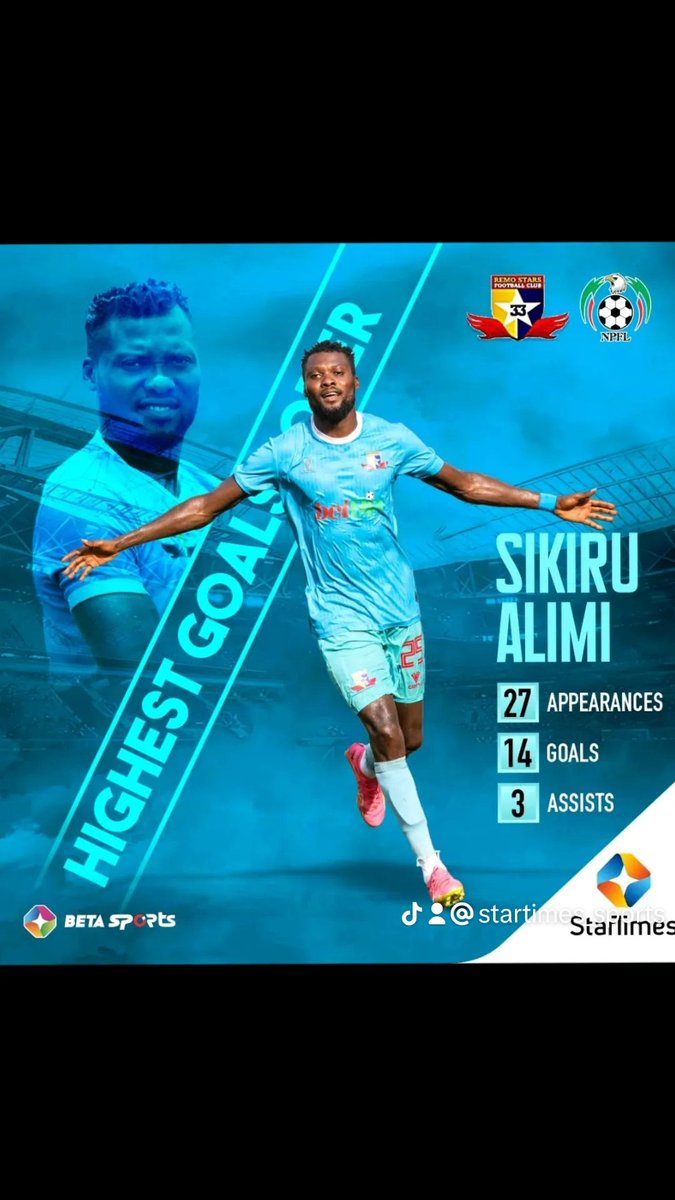 Sikiru Alimi of @RemoStarsSC is the current highest goalscorer in the Nigeria Premier Football League with 14 goals and 3 assists in 27 apps. Will he hold on to the top spot at the end of the season? Keep watching the NPFL on Beta Sports CH.244 #npfl #sikirualimi #remostars