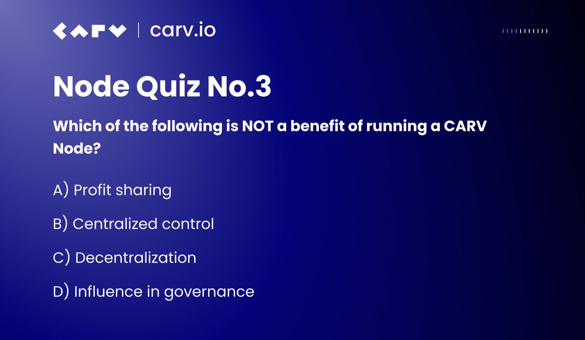 Lifetime Membership for Passive Income, Redistributing Value in the AI Revolution. CARV is at the forefront of data ownership and monetization, with CARV Node playing a crucial role in maintaining the protocol's integrity. Quiz No.3: Which of the following is NOT a benefit of