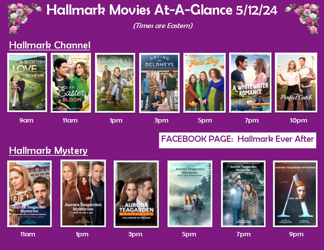 Here are all the movies playing today, 5/12, on #HallmarkChannel and #HallmarkMystery.  

#HallmarkMovies #HallmarkSchedule #Sleuthers #AuroraTeagarden #HallmarkFans #Hallmarkies