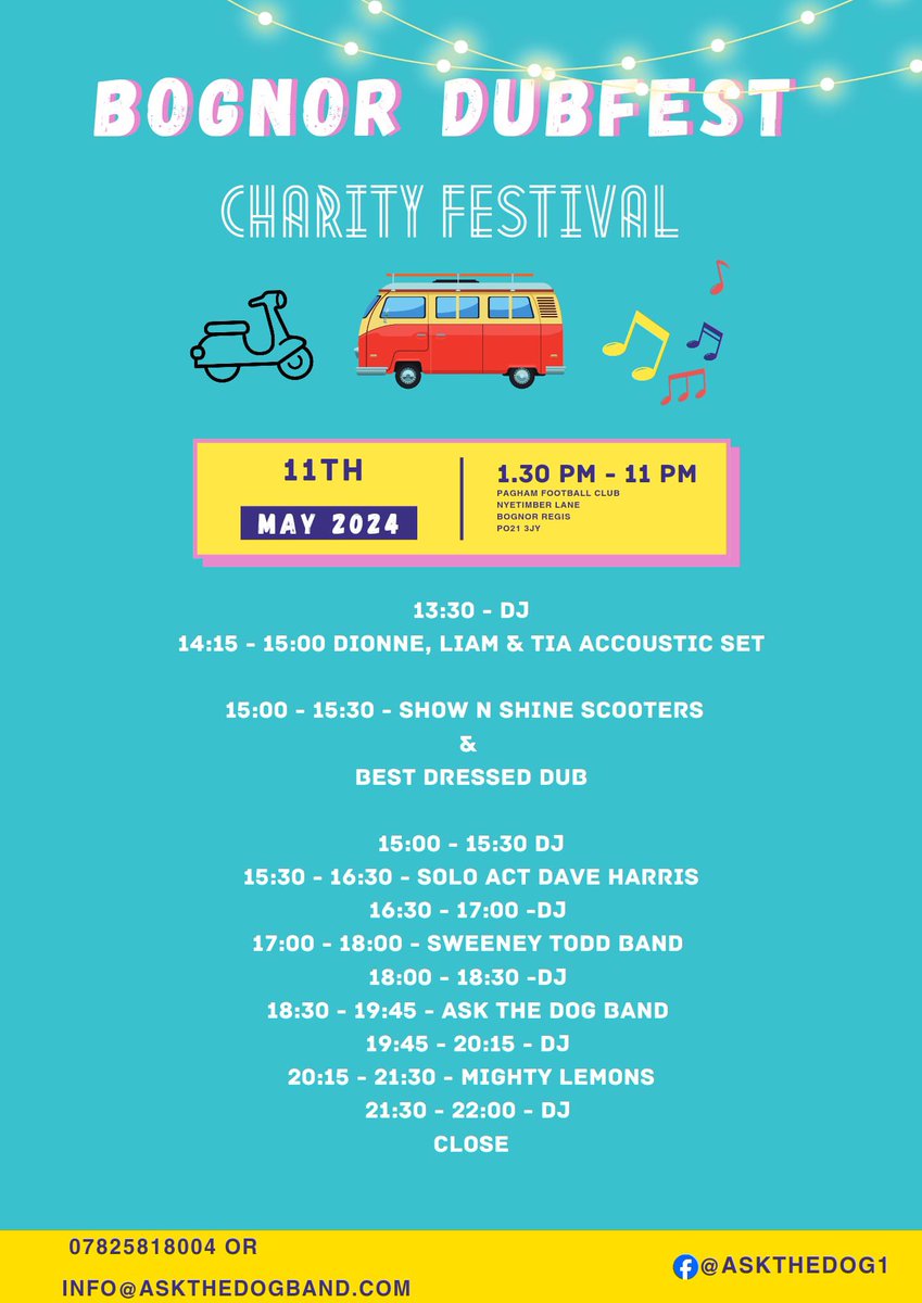 Bognor Dub Fest - TODAY Gates open at 13:00 On the outside Stage First ACT at 14:15 Second ACT at 16:30 Then inside for the Bands Sweeny Todd Band 17:00 Ask the Dog at 18:300 Mighty Lemons at 20:15 Entrance only £2:00 All proceeds to St Winfrids Hospice @BogObserver