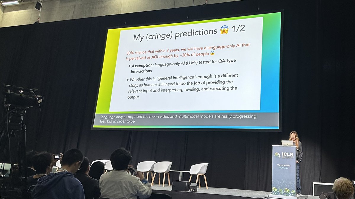.@YejinChoinka makes a prediction that I can get behind: “30% chance that within 3 years, we will have a language-only Al that is perceived as AGl-enough by ~30% of people”. This seems right. People—including scientists—easily (over-)attribute intelligence to machines.