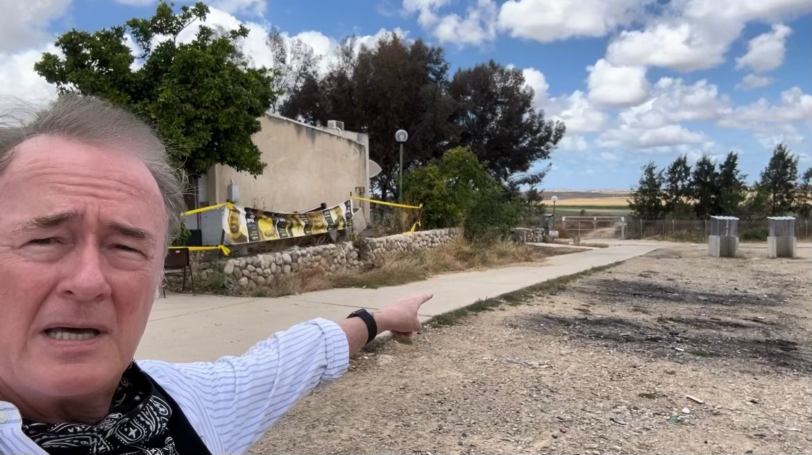 Back home from Israel. Photo: where Hamas came into Kfar Aza on Oct. 7. I'm on the spot where they killed 20 young people before killing many more. Jews and Israel feel isolated and afraid. They feel alone. Well, I'm with them. And I am going to bear witness to the truth.