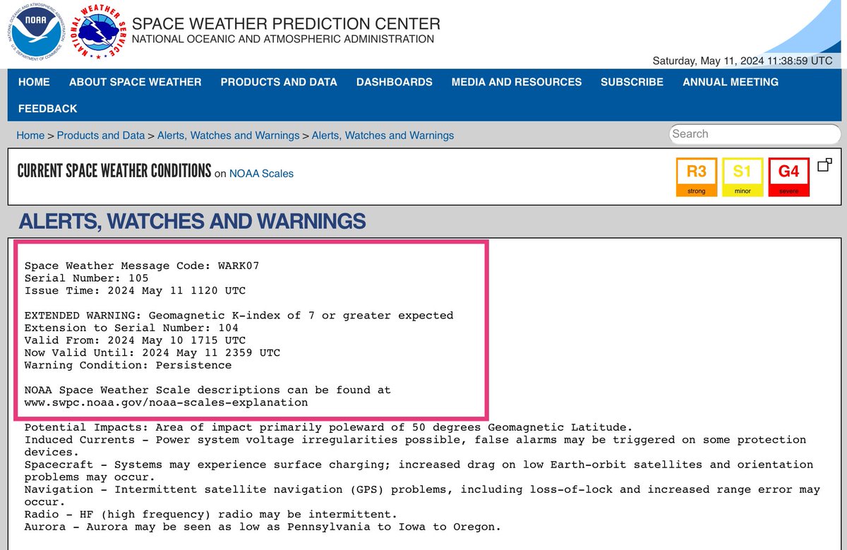 The latest NOAA Space Prediction forecast predicts a K-index of 7 until 1am, probably falling to 6 thereafter.

This would make the aurora borealis visible in similar areas and of an intensity akin to last night.

Eyes on the skies again tonight, after it gets dark!