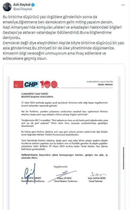 CHP eski Genel Başkanı Deniz Baykal'ın kızı Aslı Baykal'dan CHP'ye 'Nazi' benzetmesi...
