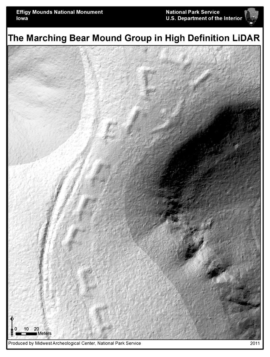 1. US National Park Service aerial photo of the 'Marching Bear' effigy mounds in Iowa. 2. LiDAR image of the same formation by US Park Service.