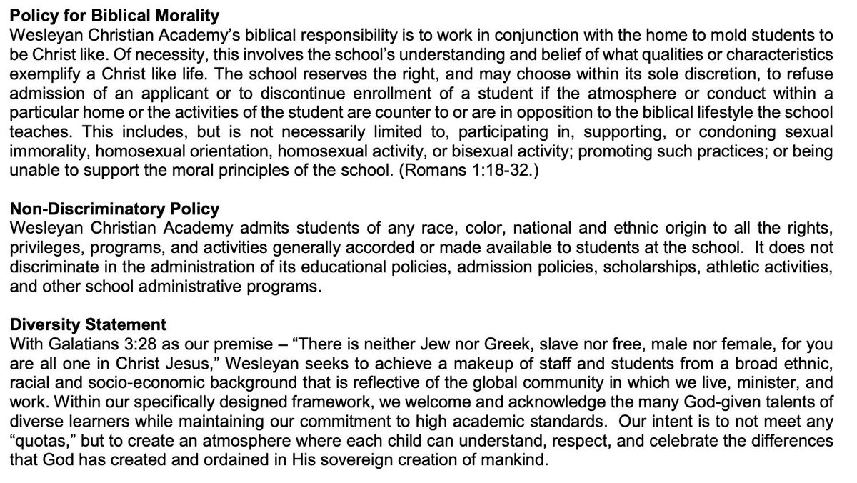 Wesleyan Christian in High Point, NC has received $1,012,752 in taxpayer voucher funds for this school year.

This school claims to want students that are 'reflective of the global community in which we live.' 

That doesn't include the gay ones.  They're banned.  #ncpol #nced