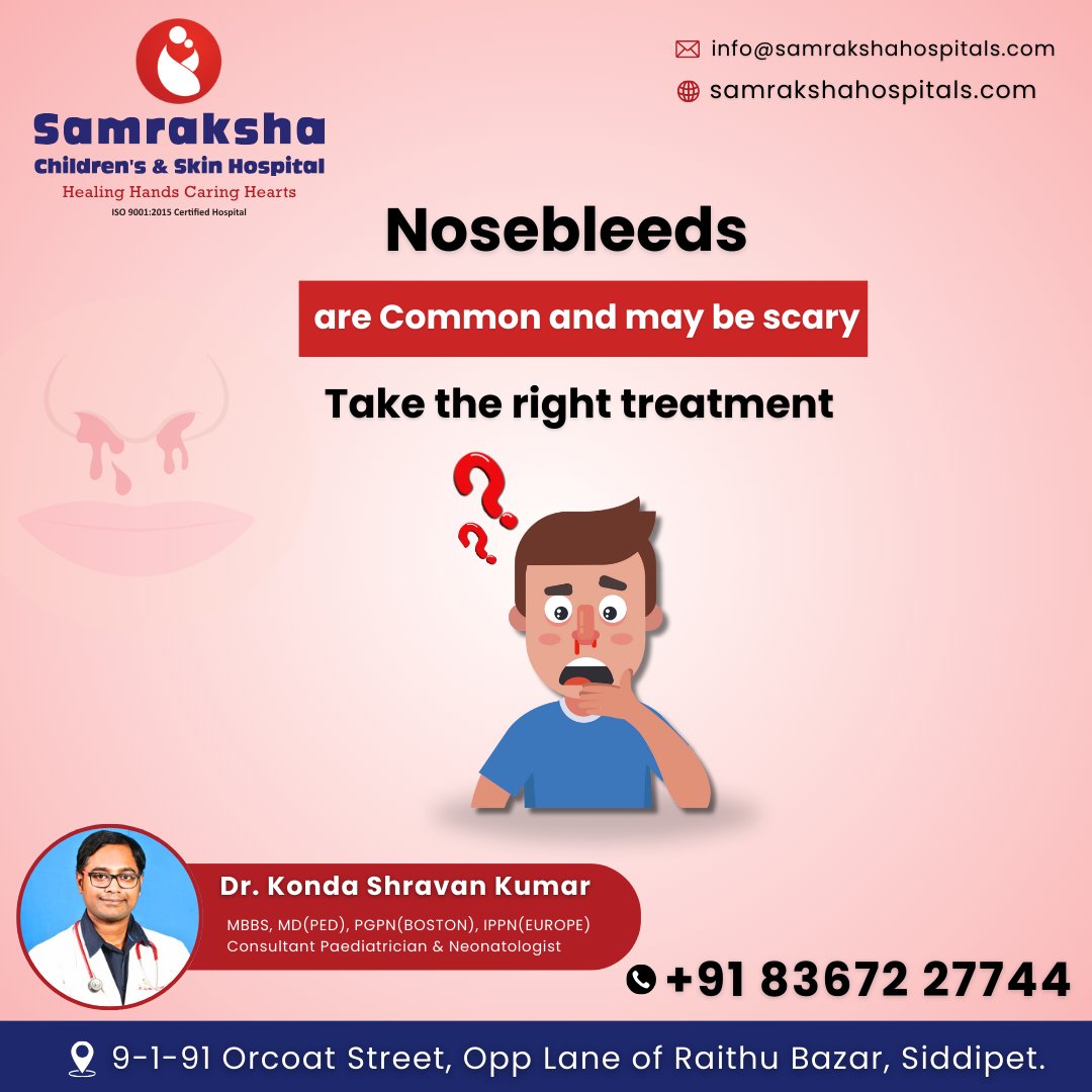 🩺 Don't panic! Nosebleeds may seem scary, but they're common and treatable with the right care. Meet Dr. Konda Shravan Kumar, our expert Pediatrician & Neonatologist, specializing in gentle treatment for children. Trust Dr. Kumar  #PediatricCare #DrKondaShravanKumar #ChildHealth