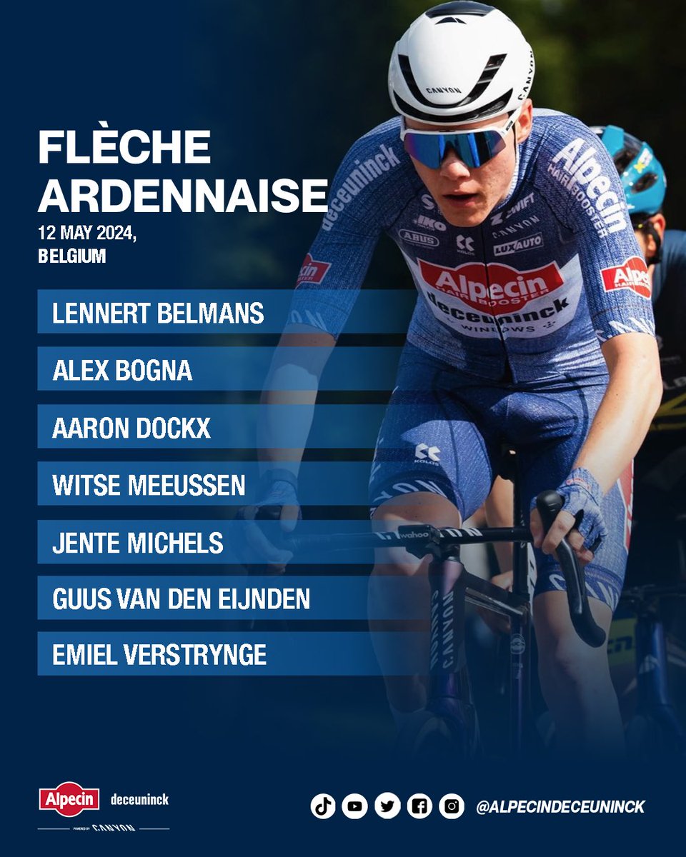 Tomorrow #flecheardennaise will be competed. A🇧🇪 1.2 race with start and finish in Stavelot and with no less than 17 categorized climbs on the menu. A great opportunity for some riders of our development team. This is our lineup. Good luck, guys 🤘 #alpecindeceuninck