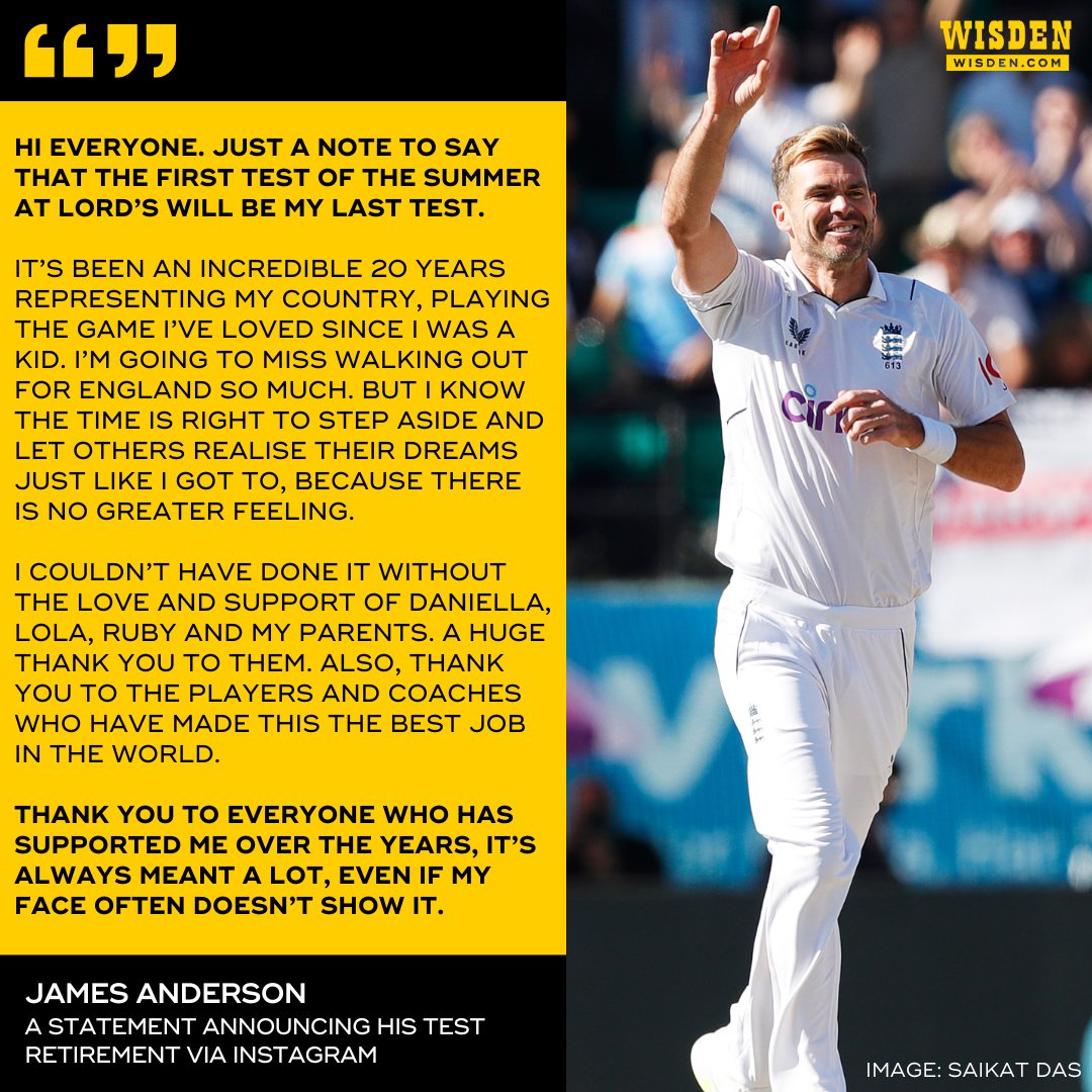 'Thank you to everyone who has supported me over the years, it's always meant a lot, even if my face often doesn't show it' James Anderson's final Test match will be against the West Indies at Lords from July 10-14.