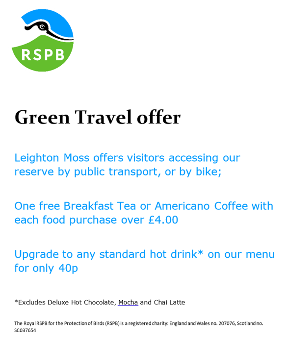 We love it when visitors get to Leighton Moss on 🚉 🚌or🚲 We love it so much we give non-members half price entry onto the reserve. Plus qualify for the Green Travel offer in the cafe Plan your green travel visit today and give our new menu a try in our recently refurbished café
