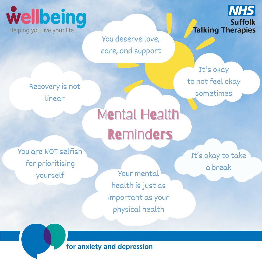 Here's a few mental health reminders to keep in mind⛅ If you're struggling and need support, you can self-refer on our website: wellbeingnands.co.uk/suffolk/get-su… Or call us on 0300 123 1503 (Monday to Friday 8am - 6pm) #selfcare #wellbeing #mentalhealthsupport #mentalhealthmatters