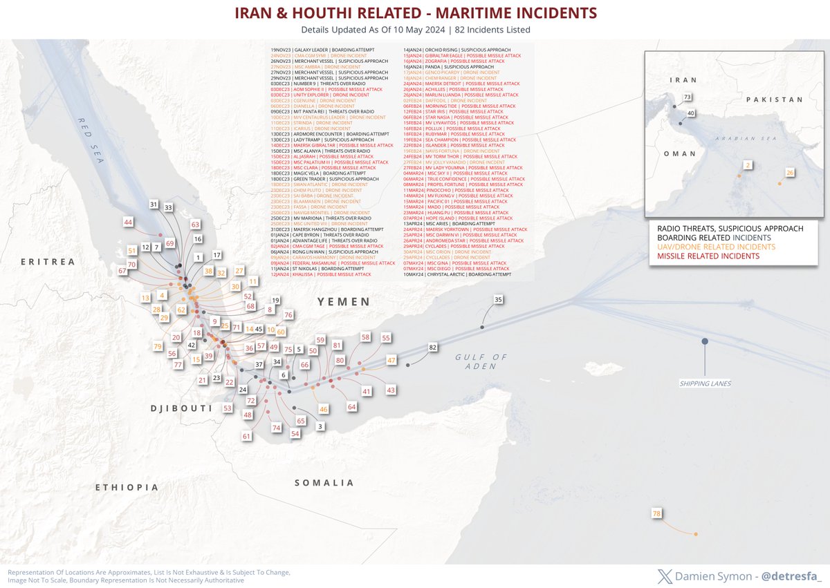 Updated graphic of Iran & Houthi related maritime incidents impacting shipping in the Middle East 82 Incidents listed