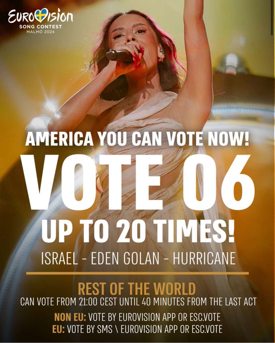 Americans now have the opportunity to vote in the Eurovision ahead of tonight’s finals. 

Now is a chance for America to show the world that the majority of Americans stand with the people of Israel. 

Vote #6 for Eden Golan 🇮🇱