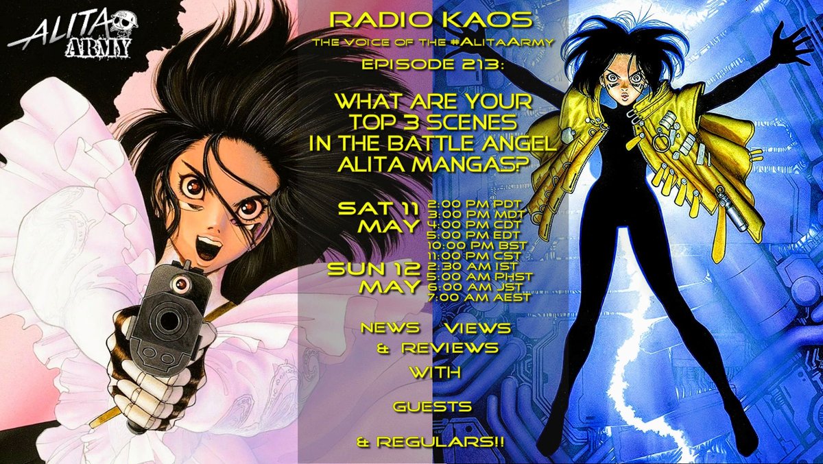 Hola, #AlitaArmy! 34 years ago, a little manga called Hyper Future Vision: Gunnm began & it's still going strong! Known to us as Battle Angel Alita, it's had many amazing scenes & pivotal moments. On Radio KAOS Ep 213, we want to know your top 3! Join us! youtube.com/live/TEVCHVRhk…