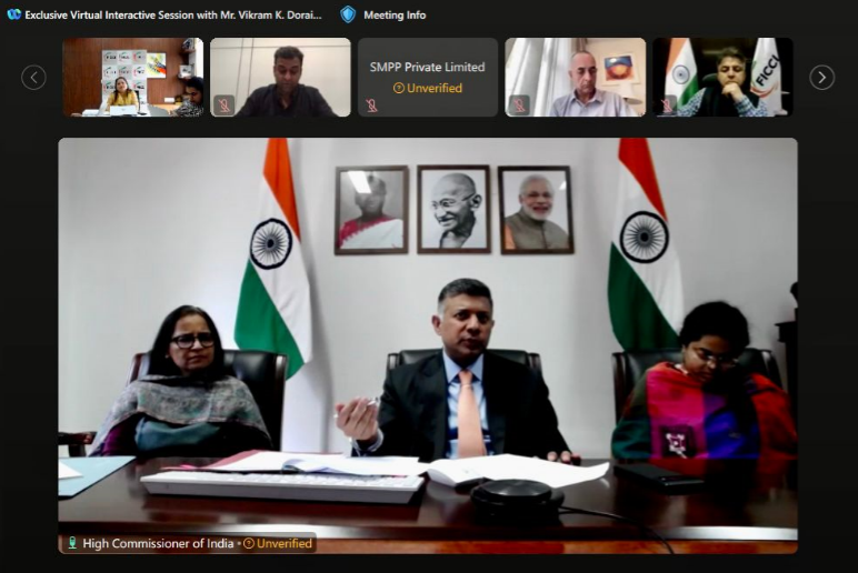 FICCI organized a virtual interaction between High Commissioner of India to the UK Mr @VDoraiswami and his colleagues Ms @nidhimanit & Ms @shreeranjanivel, and Indian industry leaders including FICCI Past President Ms Naina Lal Kidwai & SG Mr @shypk.