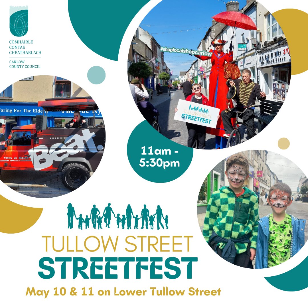 What a day for it! ☀☀ StreetFest is back on Lower Tullow Street today! 🎉🎉
It's on from 11am - 5:30pm with Circus Shows, street performers, craft village, facepainting, busking comps & @beat102103  LIVE 🎶
See You There! 🎉
#Carlow #streetfest #familyactivities 
@CarlowLEO