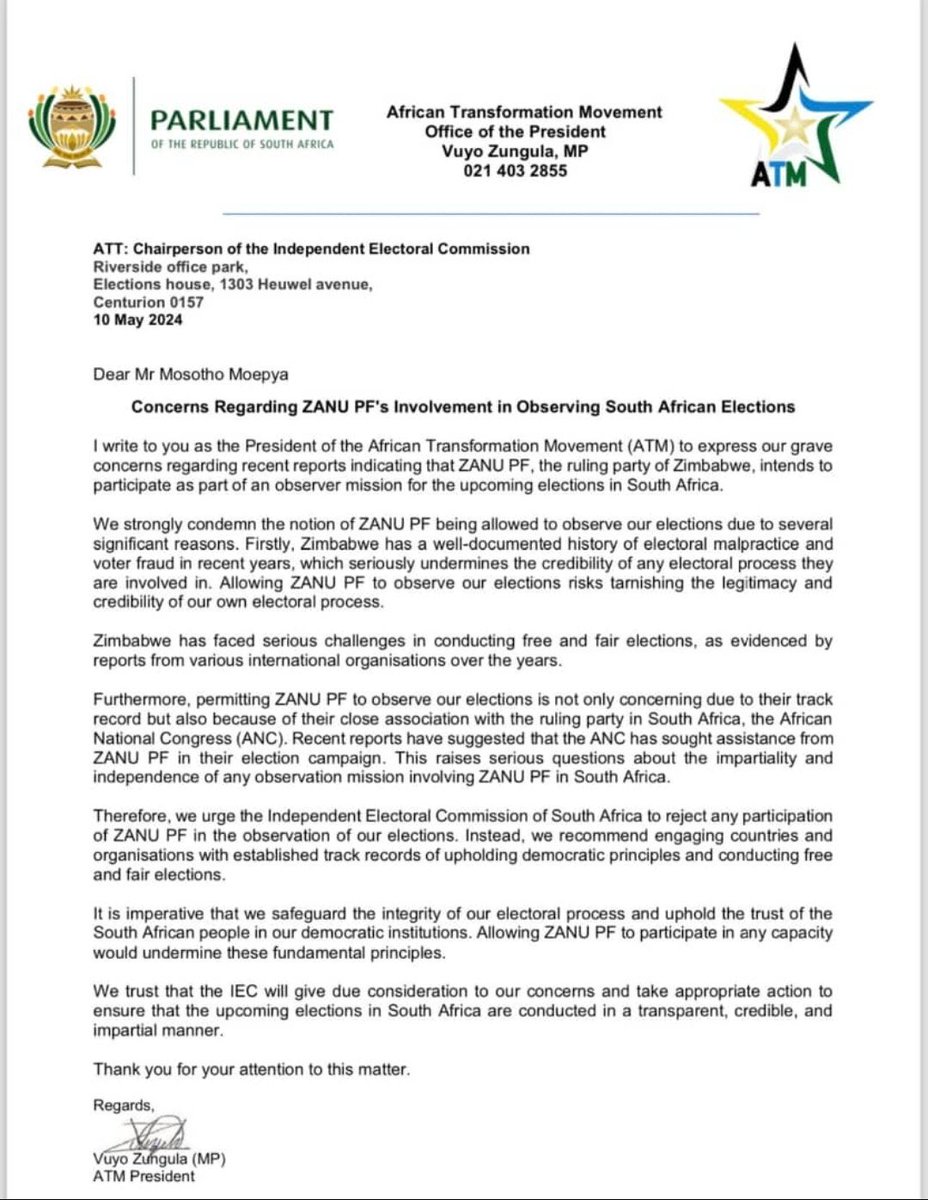 The people of South Africa are worried about the investment of @ZANUPF_Official in their national election affairs. In a letter penned by that country's MP and opposition leader, Hon. Vuyo Zungula, addressed to @IECSouthAfrica, he indicated grave concerns about the involvement of…