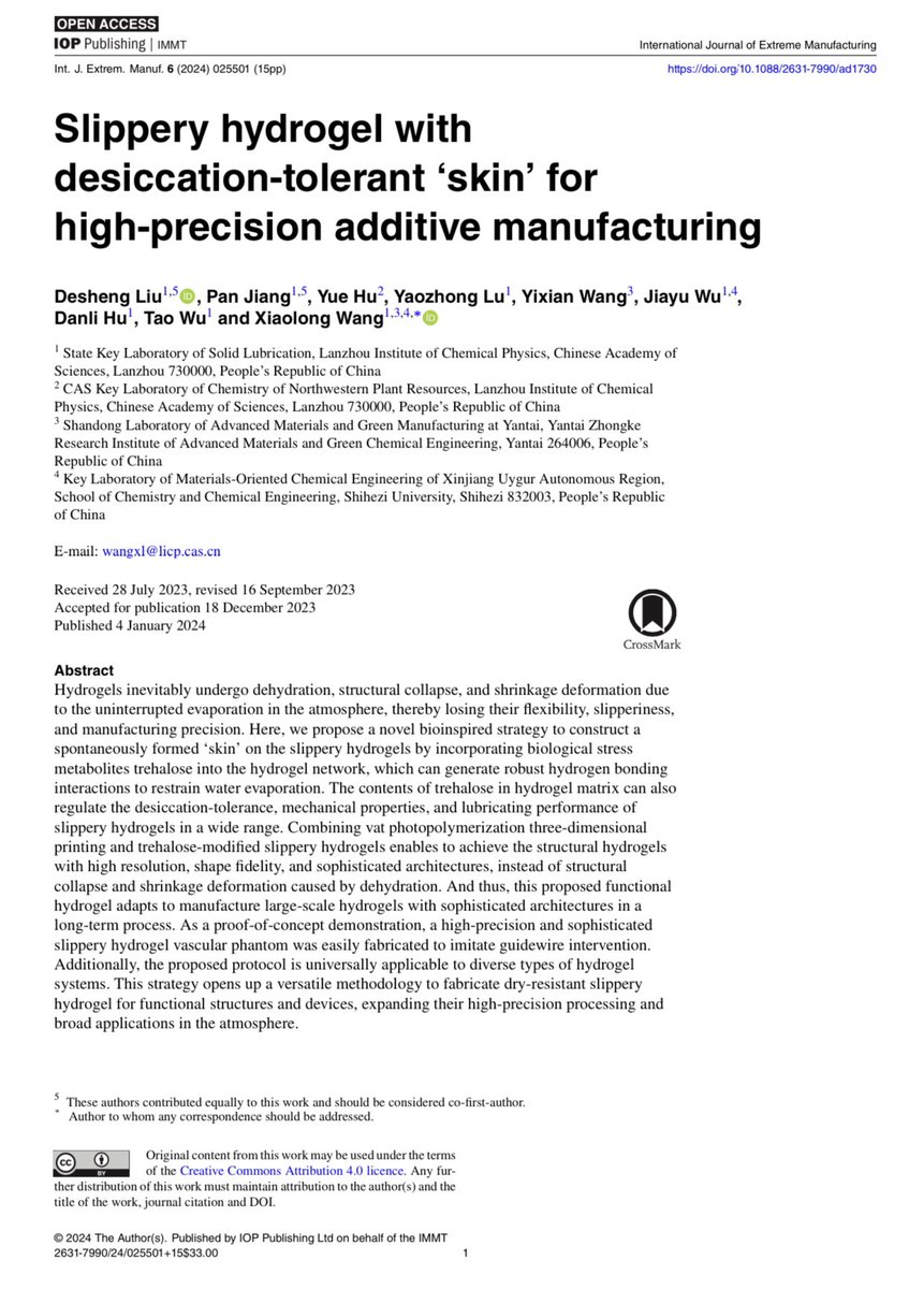 Hydrogels inevitably undergo dehydration, structural collapse, and shrinkage deformation due to the uninterrupted evaporation in the atmosphere, thereby losing their flexibility, slipperiness, and manufacturing precision.

This paper proposed a novel bioinspired strategy to…
