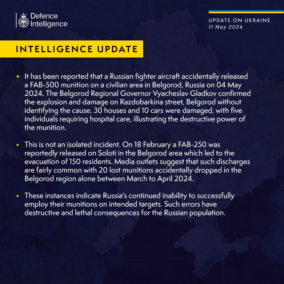 It has been reported that a Russian fighter aircraft accidentally released a FAB-500 munition on a civilian area in Belgorod, Russia on 04 May 2024. The Belgorod Regional Governor Vyacheslav Gladkov confirmed the explosion and damage on Razdobarkina street, Belgorod without identifying the cause. 30 houses and 10 cars were damaged, with five individuals requiring hospital care, illustrating the destructive power of the munition.  This is not an isolated incident. On 18 February a FAB-250 was reportedly released on Soloti in the Belgorod area which led to the evacuation of 150 residents. Media outlets suggest that such discharges are fairly common with 20 lost munitions accidentally dropped in the Belgorod region alone between March to April 2024.   These instances indicate Russia's continued inability to successfully employ their munitions on intended targets. Such errors have destructive and lethal consequences for the Russian population.