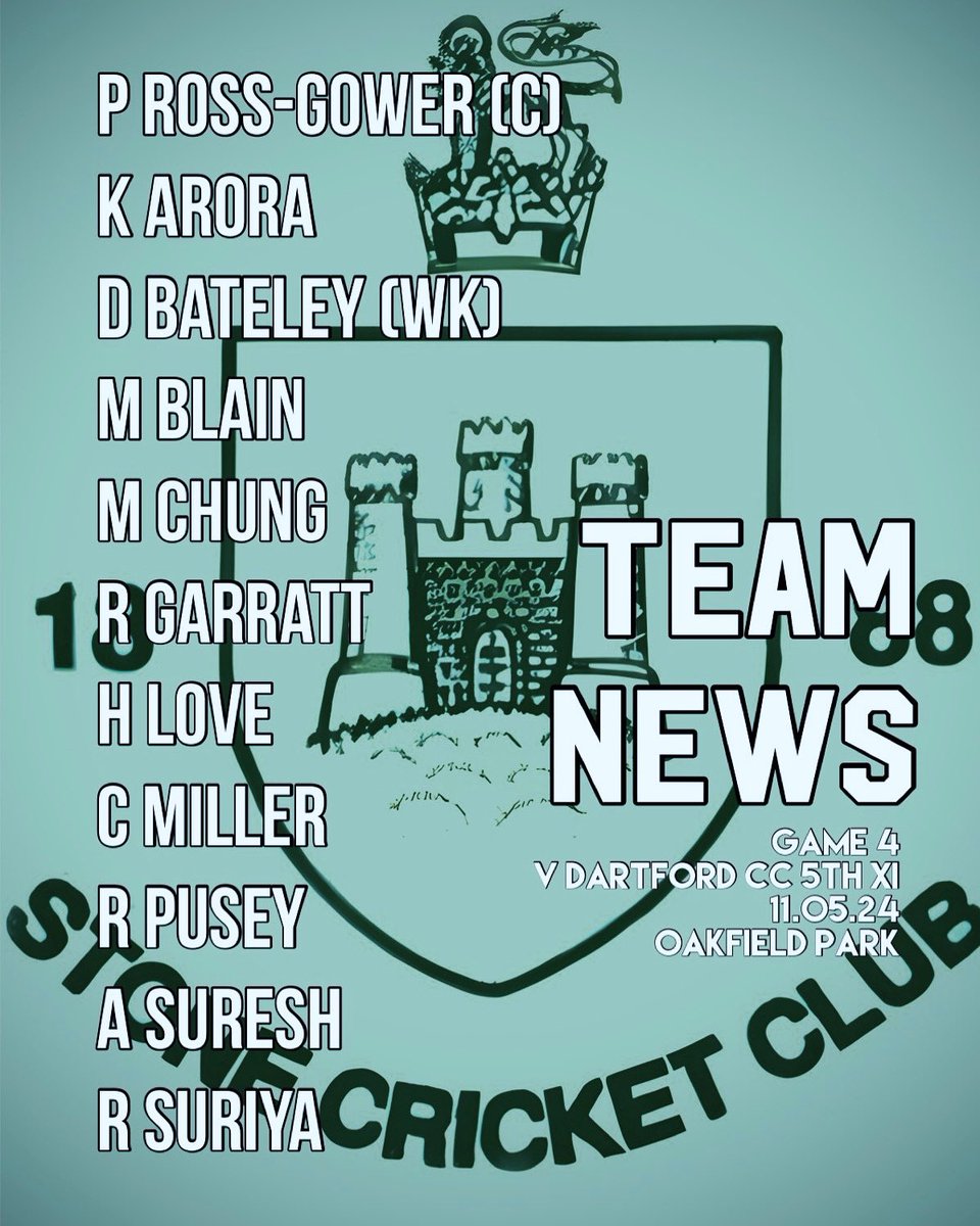 🏏 GAME DAY 🏏

Today's team to take on the landlords down at Oakfield. Weather looks good, let's go!

#StoneCC #Stone24 #Cricket #VillageCricket