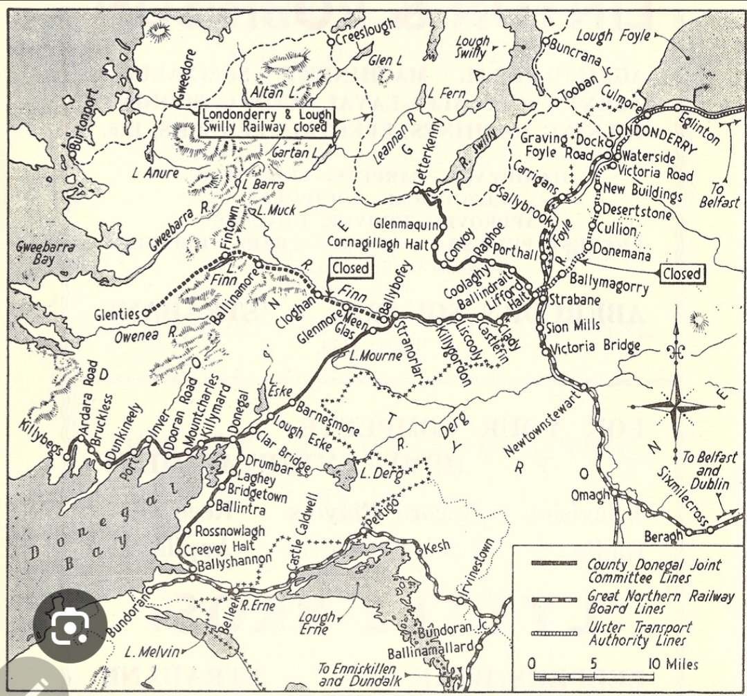 Here's a map of Donegal/Londonderry railway companies in 1958. There are none in Donegal now and one single track railway into Derry-Londonderry! The closures of the railways on both sides of the border with no thought of the future was very short sighted.